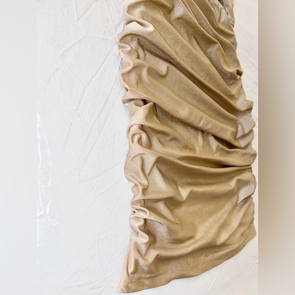 MICAS Gold Bodycon Ruched Mini Dress w/ Keyhole - Picture 3 of 6